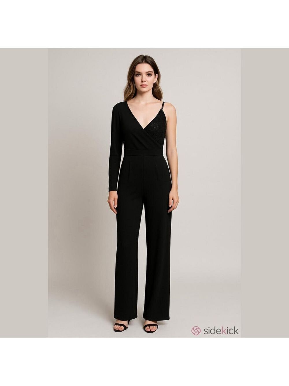 Lulus Elegant Black One-Shoulder Jumpsuit with sequins.
